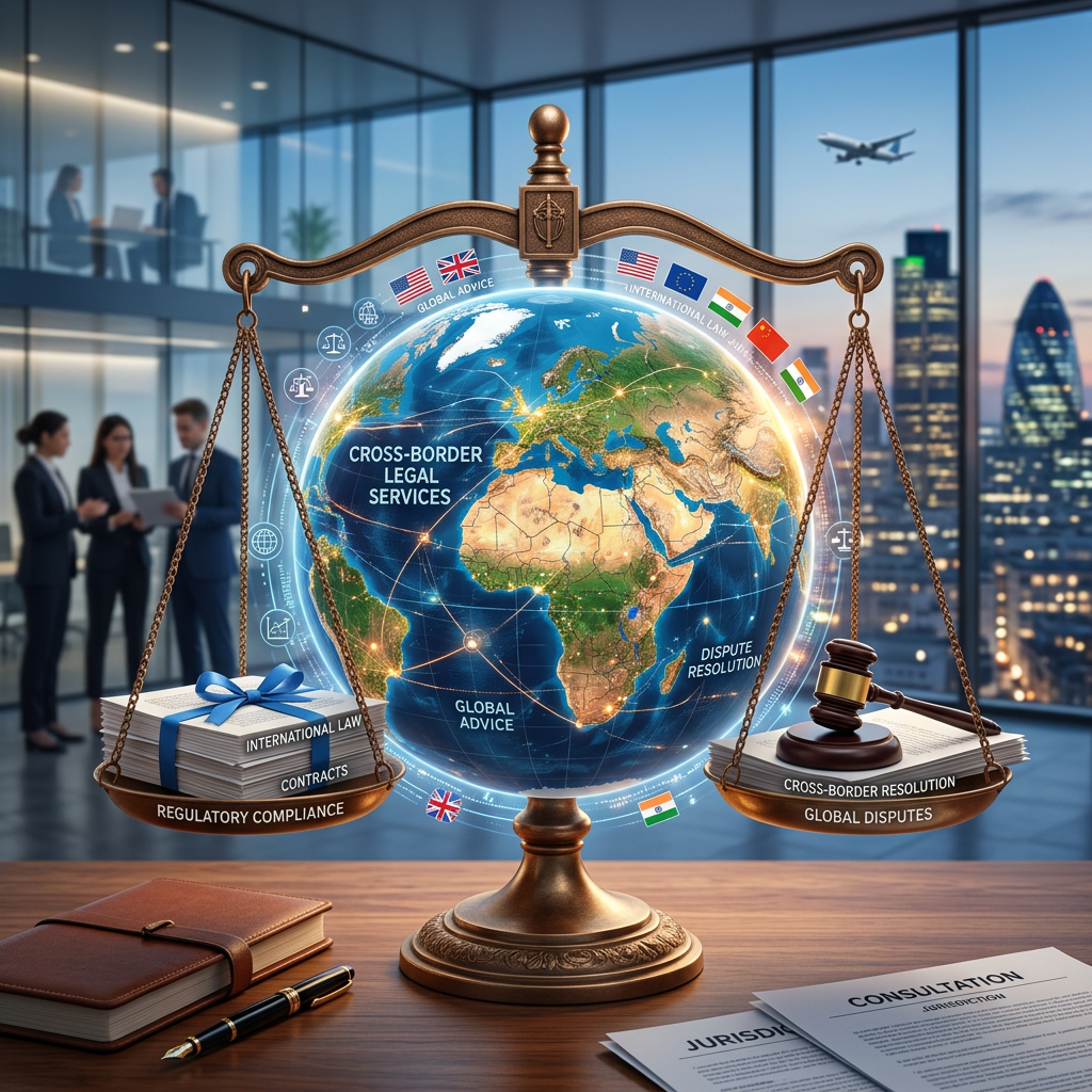 Scales balancing legal documents and gavel over a globe labeled with cross-border legal services and global advice